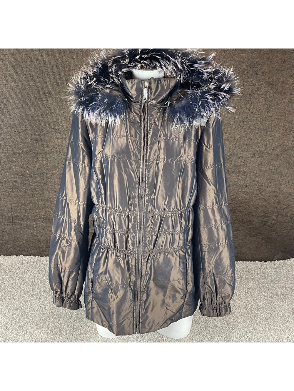 Overland Jacket Women’s XL 100% Silk Iridescent Fox Fur Trim Removable Hood R2